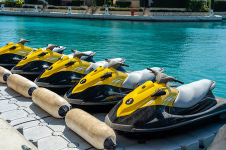 Cool jet skis are parked in port