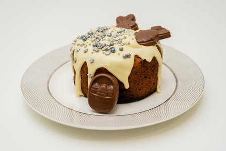 Delicious easter cake on a white table. Happy easter, spring holidayの写真素材