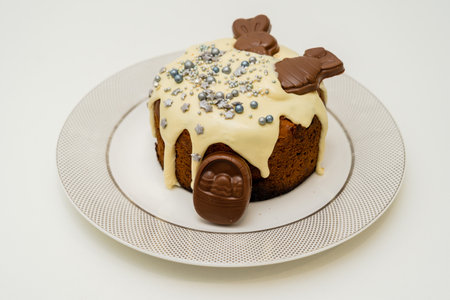 Delicious easter cake on a white table. Happy easter, spring holidayの写真素材