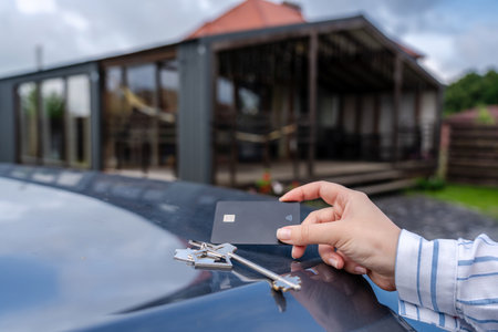 Hand with credit card and keys to a modern new house with car. Broker, mortgage, property, real estate concept. Buying or rentingの写真素材