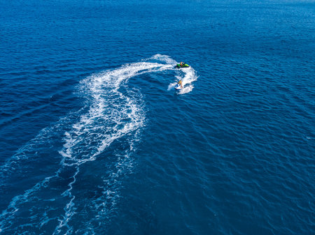 View from drone of jet ski in azure sea. Water sportの写真素材
