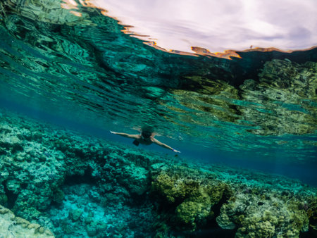 Young man snorkeling at coral reef in tropical seaの写真素材
