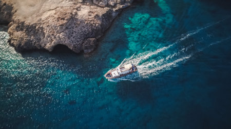 Top view from drone of speed boat in the blue waterの写真素材