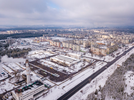 Aerial photo from drone of winter small city in Ukraine. Winter city scapeの写真素材