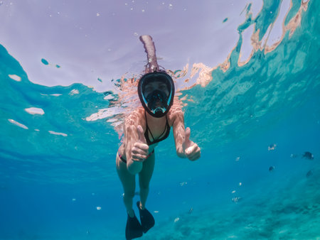 Woman snorkeling and free diving to Red Sea coral reefの写真素材