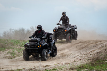 ATV and UTV offroad vehicle racing in a dust. Extreme, adrenalin. 4x4の写真素材