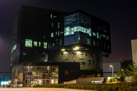 modern futuristic Economic University of Vienna at nightの写真素材