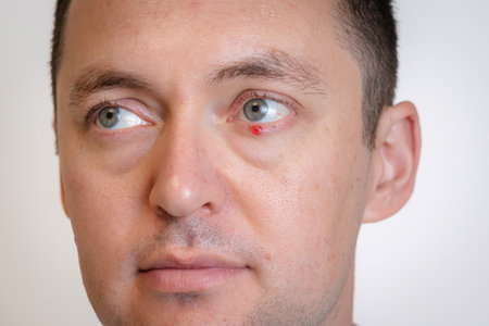 Man's eyes with pus redness like chalazion caused by blocked sebaceous glad on a lower eyelid. Hordeolum. Viral infectionの写真素材