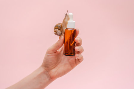 A Woman's hand holding glass cosmetic bottle with snail. Mockup for your brand. Skin care product, spa, luxury, natural beautyの写真素材