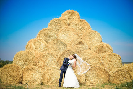 Fashionable newlyweds (a wedding couple) stand near stacks of hay. Feelingsの写真素材