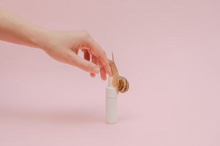 A Cosmetic's bottle and snail on it with elegant hand. Mockup for brand. Skin care, spa, luxury...