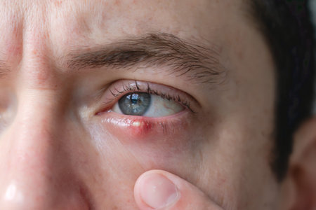 Man with infected chalazion (stye, barley) eye on a lower eyelid