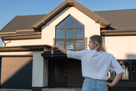 Woman holding key with a new house background. Property lease real estate for relocation. Leasing...