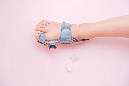 View on hallux valgus orthopedic medical thumb brace on female foot and a silicone finger separator
