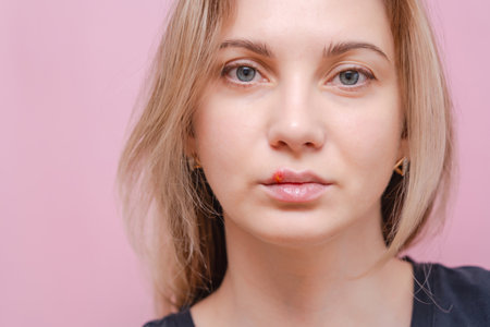 Young woman with a virus herpes on lips against pink background.の写真素材