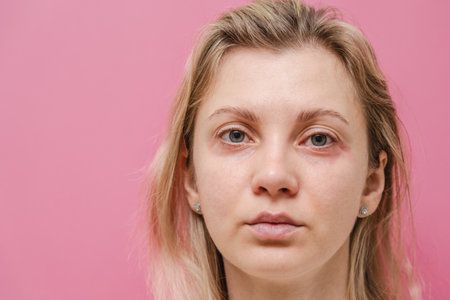 Young woman with itchy allergy or allergic sensitive reaction and red spot on her facial on a pink backgroundの写真素材