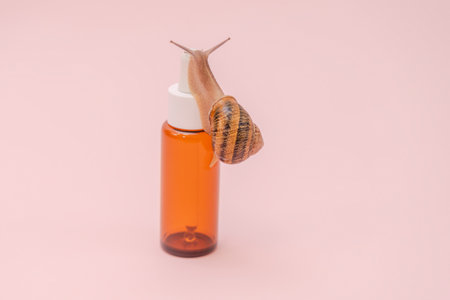 A Cosmetics bottle with snail on it. Skin care, spa, luxury cosmetic, natural beauty productの写真素材
