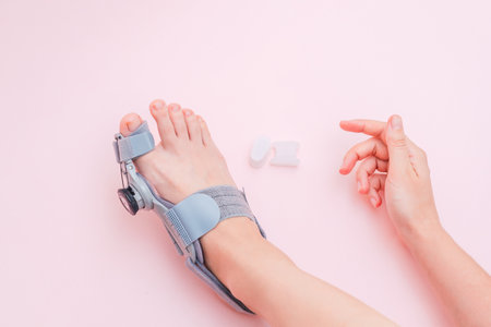 View on hallux valgus orthopedic medical thumb brace on female foot and a silicone finger separatorの写真素材