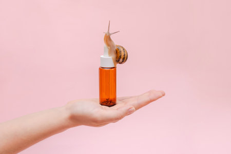 A Glass cosmetic bottle with snail in hand. Skin care product, spa, luxury, natural beautyの写真素材