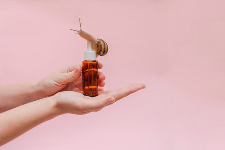 A Glass cosmetic bottle with snail in hand. Skin care product, spa, luxury, natural beautyの写真素材