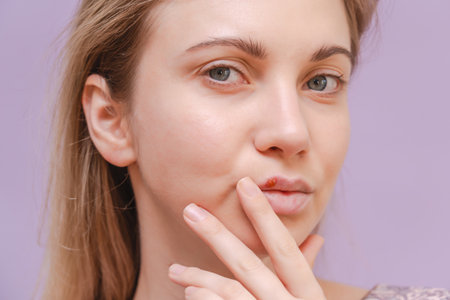 Closeup of a young woman with herpes cold sore on mouth against purple background.の写真素材