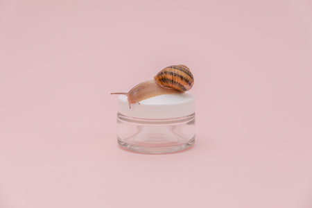 A Cosmetics bottle with snail on it. Skin care, spa, luxury cosmetic, natural beauty productの写真素材