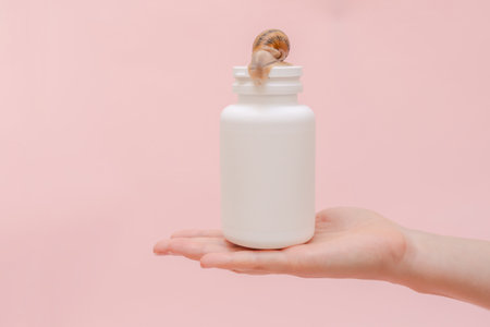 A Woman's hand holding bottle for vitamins, beauty capsule, supplements with snail on it. Skin care product, spa, luxury, natural beautyの写真素材