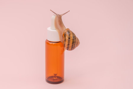 A Cosmetics bottle with snail on it. Skin care, spa, luxury cosmetic, natural beauty productの写真素材