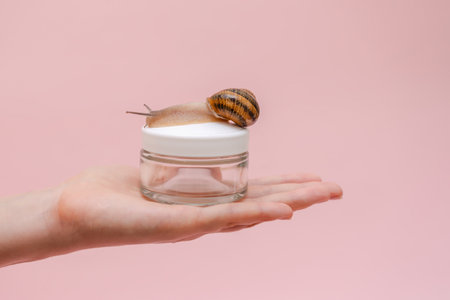 A glass cosmetics bottle with a snail in a woman's hand. Mockup for a brand. Skin care product, spa, luxury, natural beauty creamの写真素材