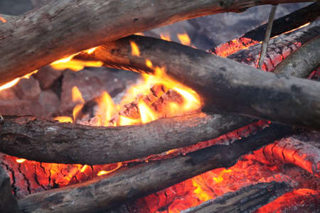 Outdoor recreation by the open fire of the campfire