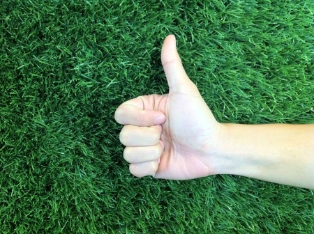 Hand showing thumbs up on grass backgroundの素材