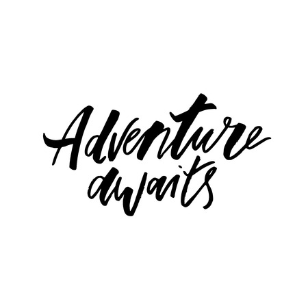 Adventure awaits text lettering black Vector illustration isolated on white background.のイラスト素材