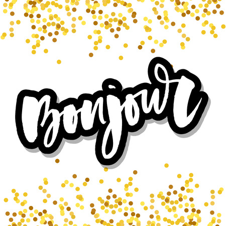 Vector poster calligraphy with Bonjour translation: Hello phrase abstract decor. Handdrawn brush elements in soft palette. Isolated typography card.のイラスト素材