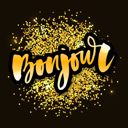 Vector poster calligraphy with Bonjour translation: Hello phrase abstract decor. Handdrawn brush elements in soft palette. Isolated typography card.のイラスト素材