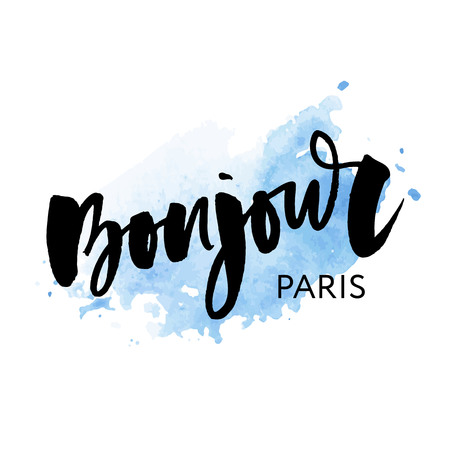 Vector poster calligraphy with Bonjour translation: Hello phrase abstract decor. Handdrawn brush elements in soft palette. Isolated typography card.のイラスト素材