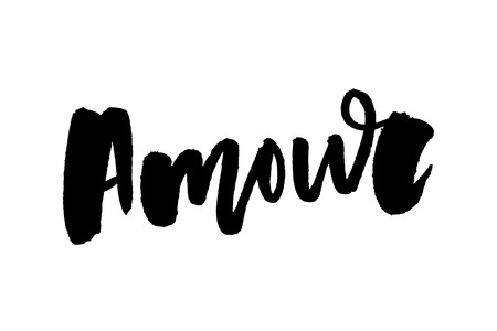 Mon amour postcard. My love in French. Phrase for Valentine's day. Ink illustration. Modern brush calligraphy. Isolated on whiteのイラスト素材
