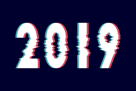 Glitch Happy New Year abstract lettering, typography with distortion effect, bug, error, random horizontal monochrome lines for design concepts, wallpapers, presentations, printsのイラスト素材