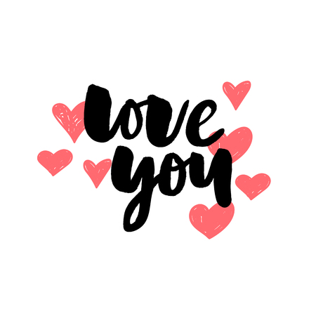 I love you. I heart you. Valentines day calligraphy glitter card. Hand drawn design elements. Handwritten modern brush lettering.のイラスト素材