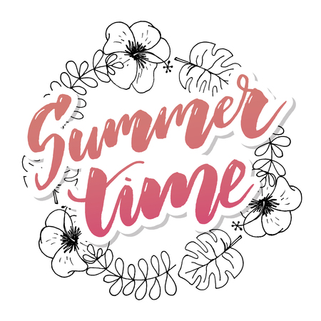 Summer time vector banner design with white circle for text and colorful beach elements in white background. Vector illustrationのイラスト素材