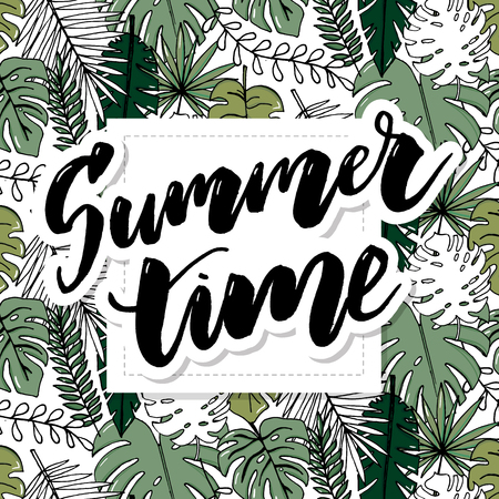 Beach cheerful pattern wallpaper of tropical dark green leaves of palm trees and flowers bird of paradise strelitziaのイラスト素材