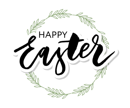 Vector EPS10 hand written lettering illustration for happy easter banner, poster, sale invitation template with colorful eggs in wreath form in cartoonのイラスト素材