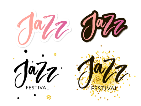 Hand drawn lettering quotes about Jazz festival collections isolated on the white background. Fun brush ink vector calligraphy illustrations set for banners, greeting card, poster design.のイラスト素材