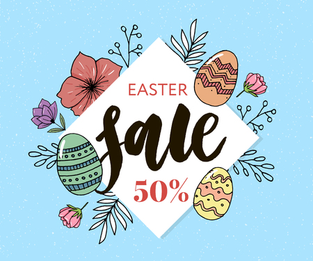 Easter eggs composition hand drawn black on white background. Decorative horizontal stripe from eggs with leaves and watercolorのイラスト素材