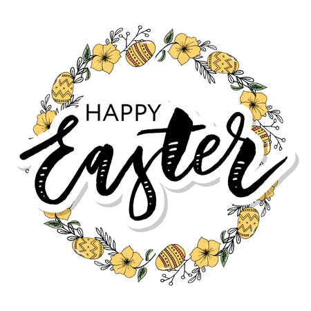 Easter frame with easter eggs hand drawn black on white background. Decorative frame from eggs. Easter eggs with colorful leaves and watercolor dotのイラスト素材