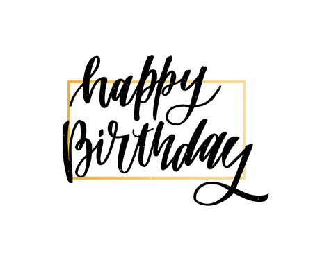 Happy birthday hand drawn vector lettering design on background of pattern with stripes.のイラスト素材