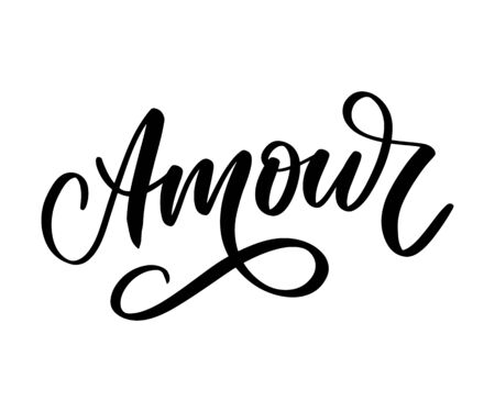 Amour. Vector handwritten lettering with hand drawn flowers. Template for card, poster, banner, print for t-shirt, pin, badgeのイラスト素材