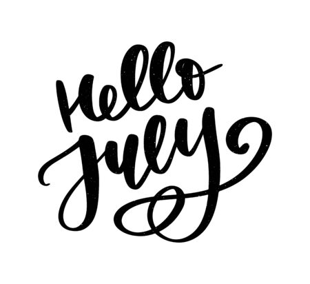 Hello july lettering print. Summer minimalistic illustration. Isolated calligraphyのイラスト素材