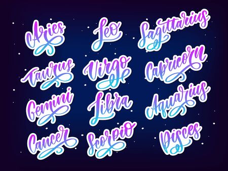 Zodiac lettering Vector Sign. Cartoon astrology text illustration. Horoscope handwrittenのイラスト素材