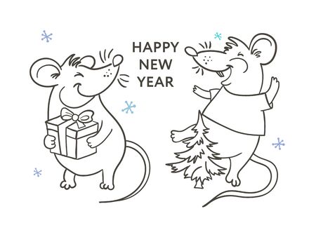 Template image Happy new year party with rat, white background new year 2020. Funny sketch mouse Vectorのイラスト素材