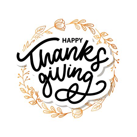 Happy thanksgiving brush hand lettering, isolated on white background. Calligraphy vector illustration. Can be used for holiday designのイラスト素材